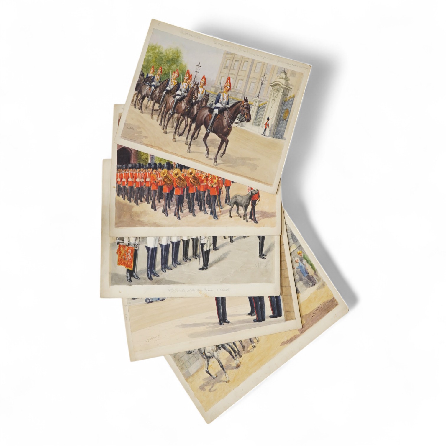 Charles Howard (19th/20th. C), London Pageantry scenes to include - Changing sentries at Buckingham Palace, Irish Guards at St. James's Palace and Lifeguards at Horseguards, some monogrammed, set of five original waterco